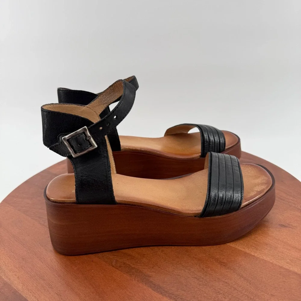 Miz Mooz Gwyneth Black Leather Platform Wedge Sandals Womens EU‎ 42/US 10.5-11